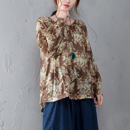 Women Vintage Floral Printing Women O Neck Shirt