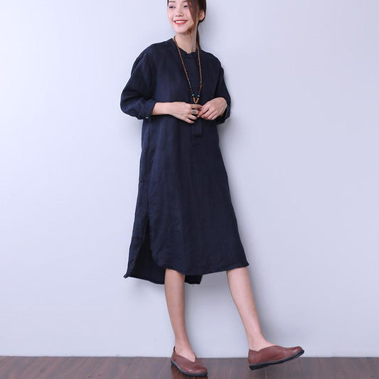 Loose Women Casual Cotton Irregular Navy Blue Dress