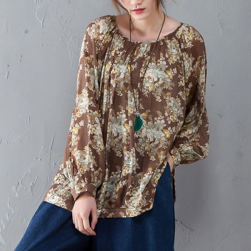Women Vintage Floral Printing Women O Neck Shirt