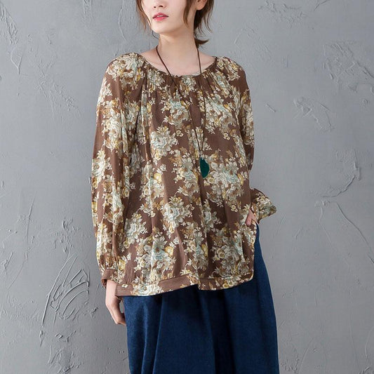 Women Vintage Floral Printing Women O Neck Shirt
