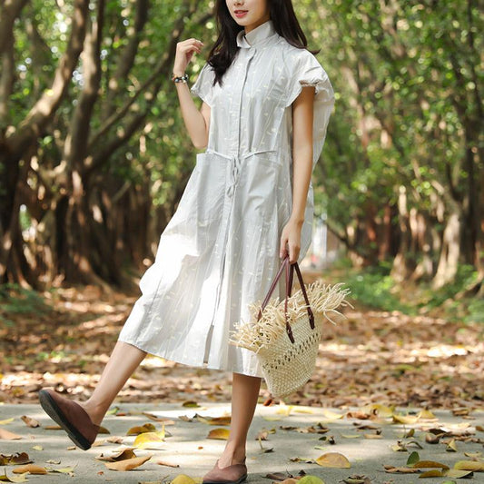 Women Summer Polo Collar Pockets Printing Lacing Short Sleeve Dress