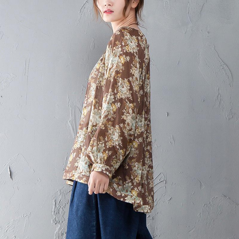 Women Vintage Floral Printing Women O Neck Shirt