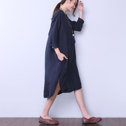 Loose Women Casual Cotton Irregular Splitting Navy Blue Dress