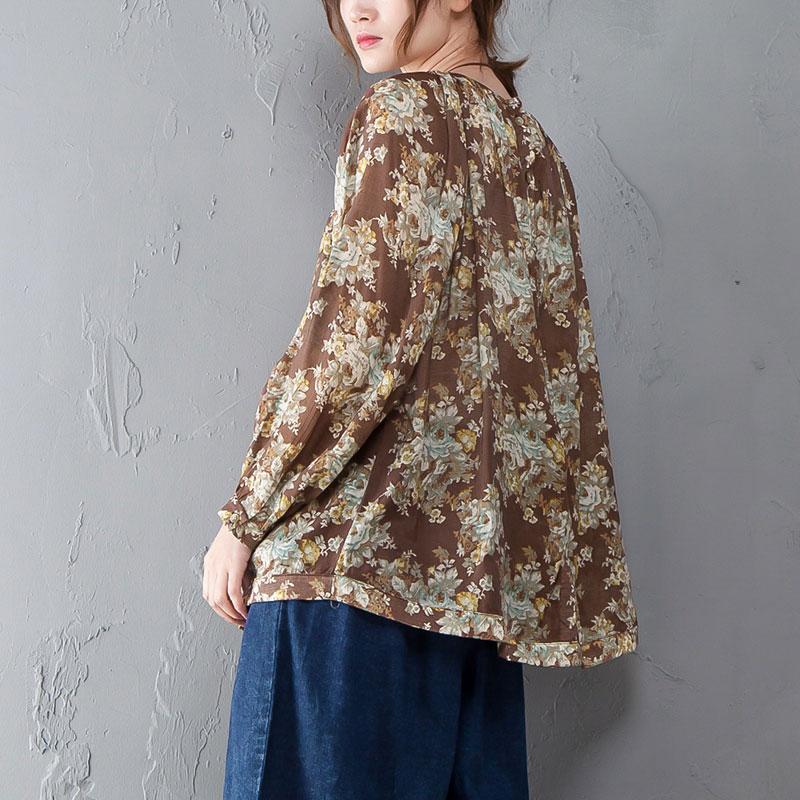 Women Vintage Floral Printing Women O Neck Shirt