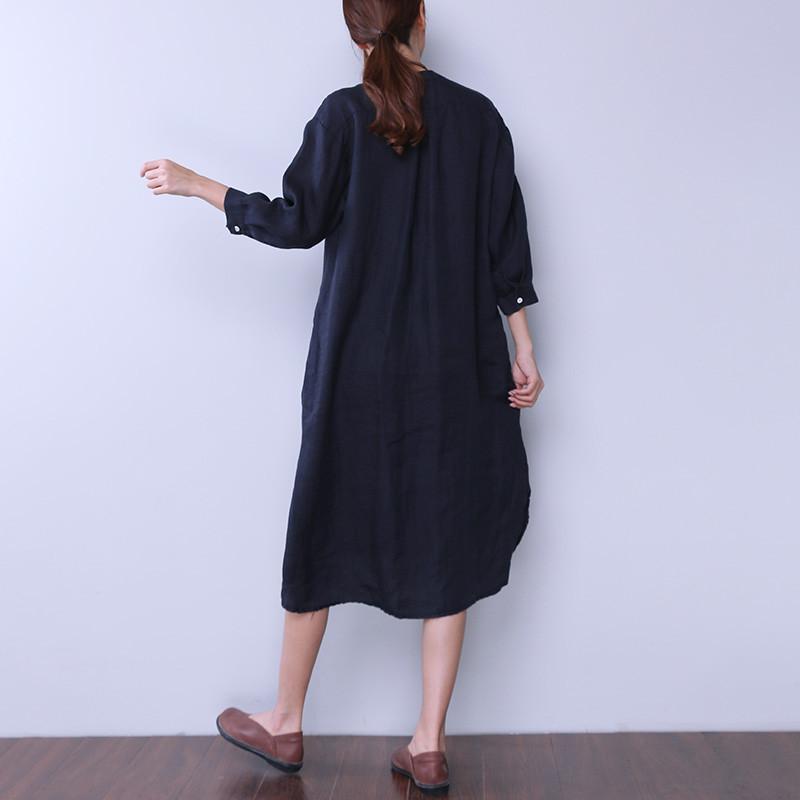 Loose Women Casual Cotton Irregular Splitting Navy Blue Dress