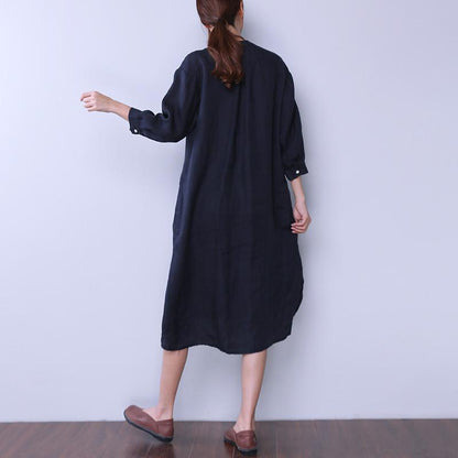 Loose Women Casual Cotton Irregular Splitting Navy Blue Dress