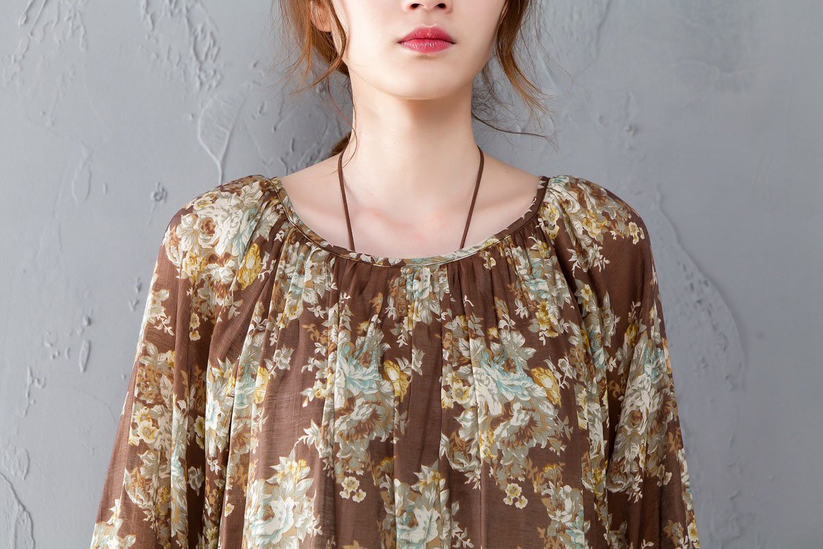 Women Vintage Floral Printing Women O Neck Shirt