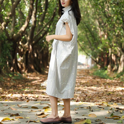 Women Summer Polo Collar Pockets Printing Lacing Short Sleeve Dress