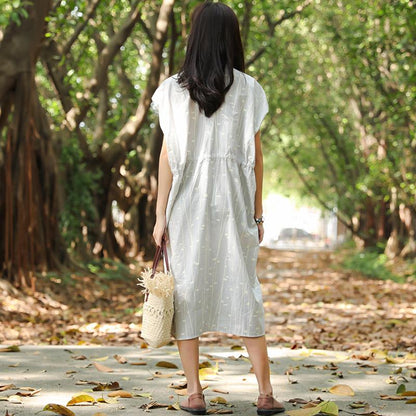 Women Summer Polo Collar Pockets Printing Lacing Short Sleeve Dress