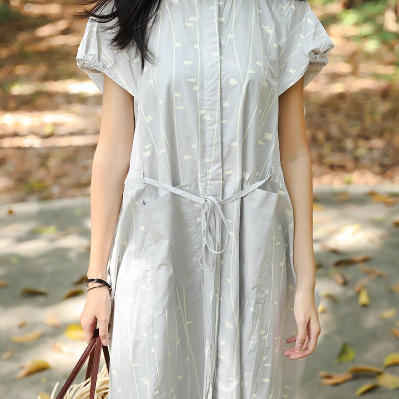 Women Summer Polo Collar Pockets Printing Lacing Short Sleeve Dress