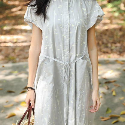 Women Summer Polo Collar Pockets Printing Lacing Short Sleeve Dress