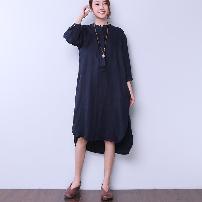 Loose Women Casual Cotton Irregular Splitting Navy Blue Dress