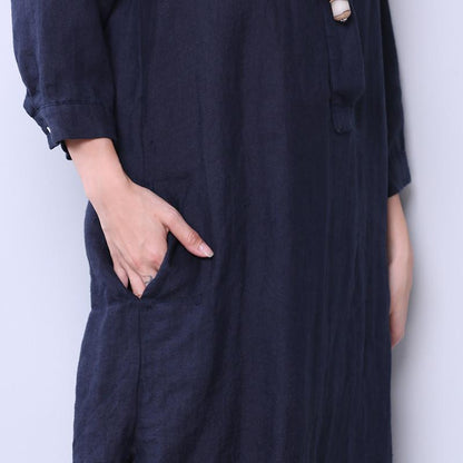 Loose Women Casual Cotton Irregular Splitting Navy Blue Dress