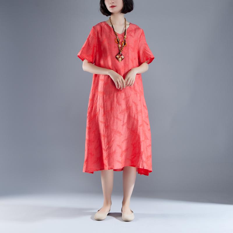 Short Sleeve Slit Summer V Neck Casual Red Dress
