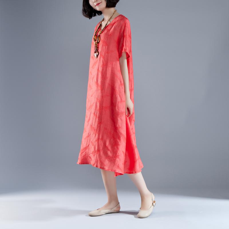 Short Sleeve Slit Summer V Neck Casual Red Dress