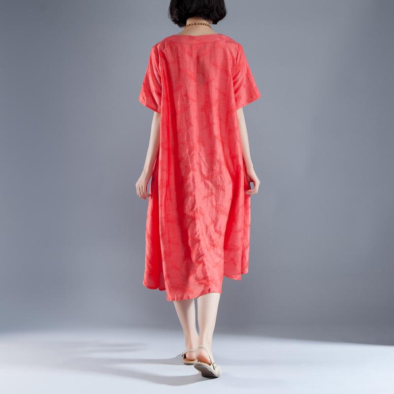 Short Sleeve Slit Summer V Neck Casual Red Dress