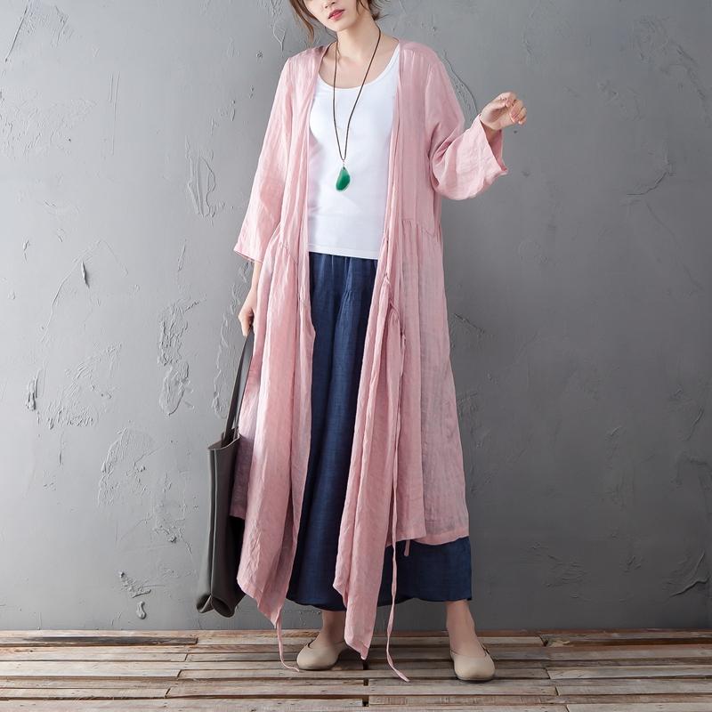 Loose Linen Long Sleeve Pink Lacing Lattice Coat