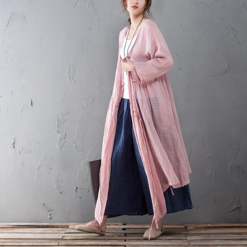 Loose Linen Long Sleeve Pink Lacing Lattice Coat