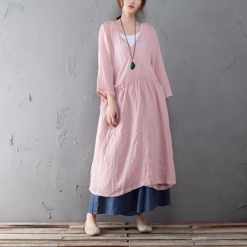 Loose Linen Long Sleeve Pink Lacing Lattice Coat