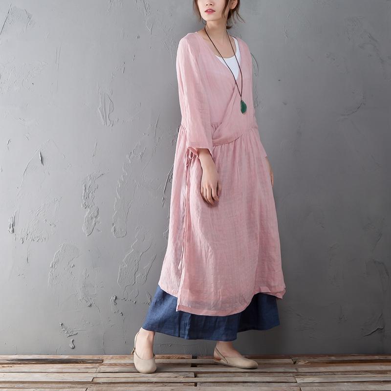 Loose Linen Long Sleeve Pink Lacing Lattice Coat