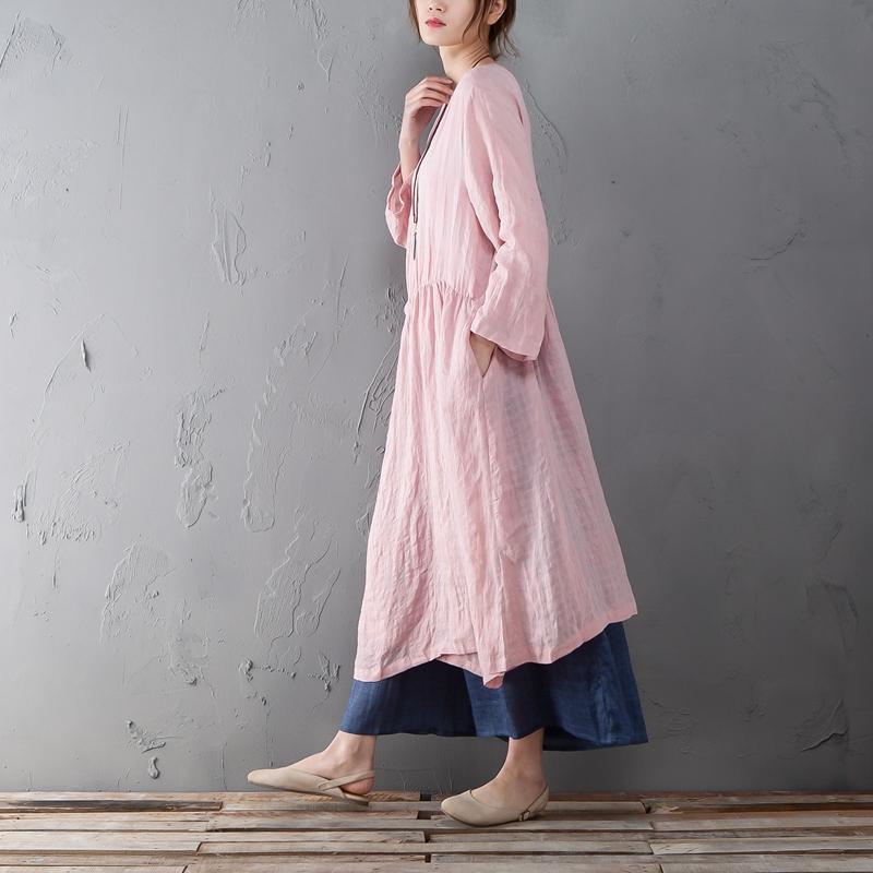 Loose Linen Long Sleeve Pink Lacing Lattice Coat