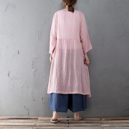 Loose Linen Long Sleeve Pink Lacing Lattice Coat