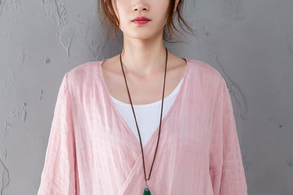 Loose Linen Long Sleeve Pink Lacing Lattice Coat
