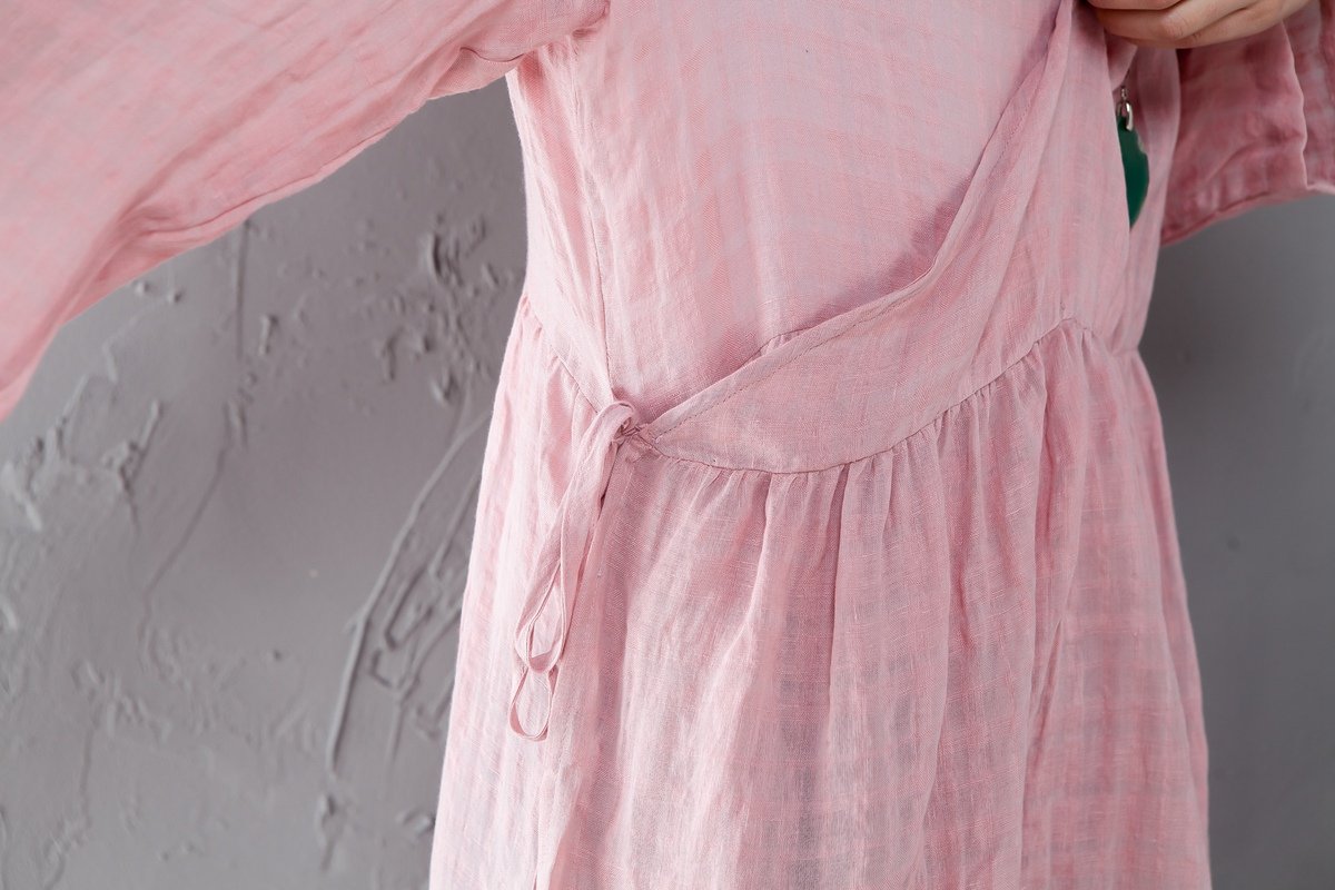 Loose Linen Long Sleeve Pink Lacing Lattice Coat