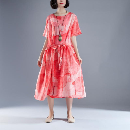 Short Sleeve Lacing Summer Pleated Casual Red Dress