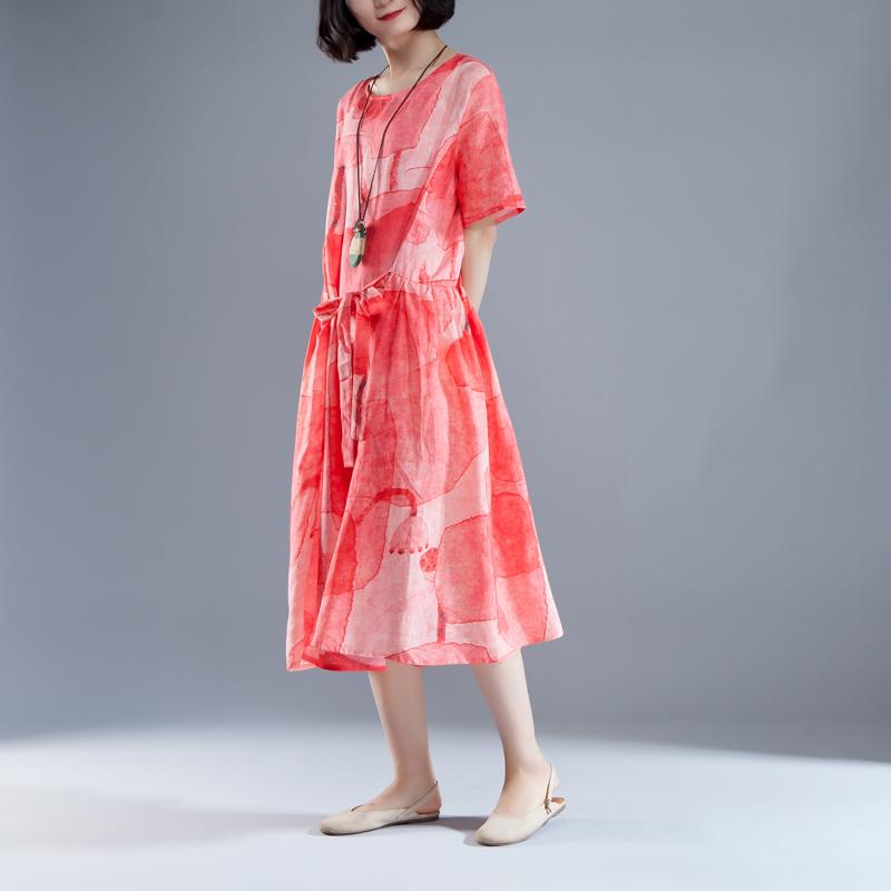 Short Sleeve Lacing Summer Pleated Casual Red Dress