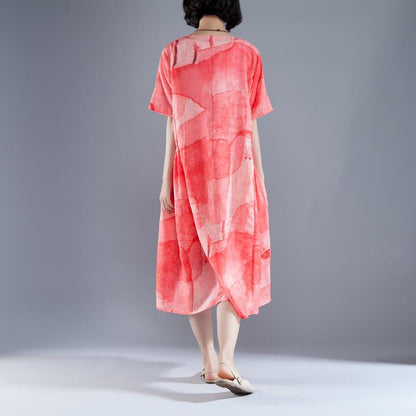 Short Sleeve Lacing Summer Pleated Casual Red Dress