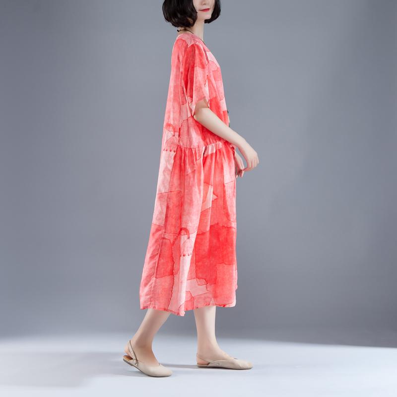 Short Sleeve Lacing Summer Pleated Casual Red Dress