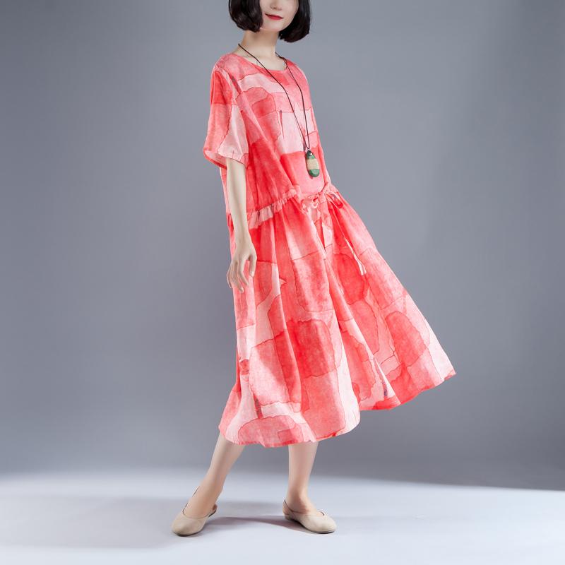 Short Sleeve Lacing Summer Pleated Casual Red Dress