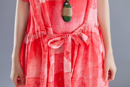 Short Sleeve Lacing Summer Pleated Casual Red Dress