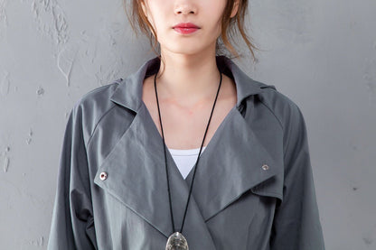 Women Polo Collar Long Sleeve Casual Hoodie Gray Coat