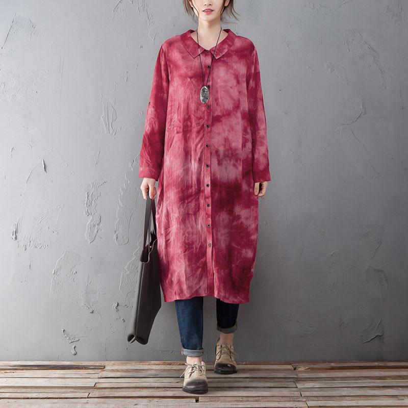 Single Breasted Long Sleeve Red Printed Shirt Dress