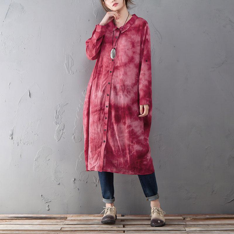 Single Breasted Long Sleeve Red Printed Shirt Dress