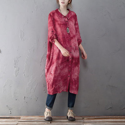 Single Breasted Long Sleeve Red Printed Shirt Dress