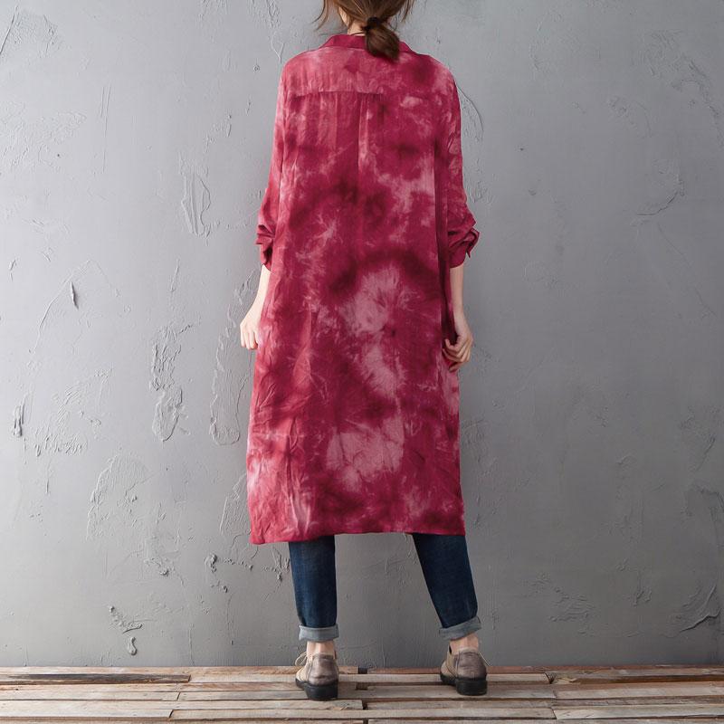 Single Breasted Long Sleeve Red Printed Shirt Dress