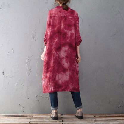 Single Breasted Long Sleeve Red Printed Shirt Dress