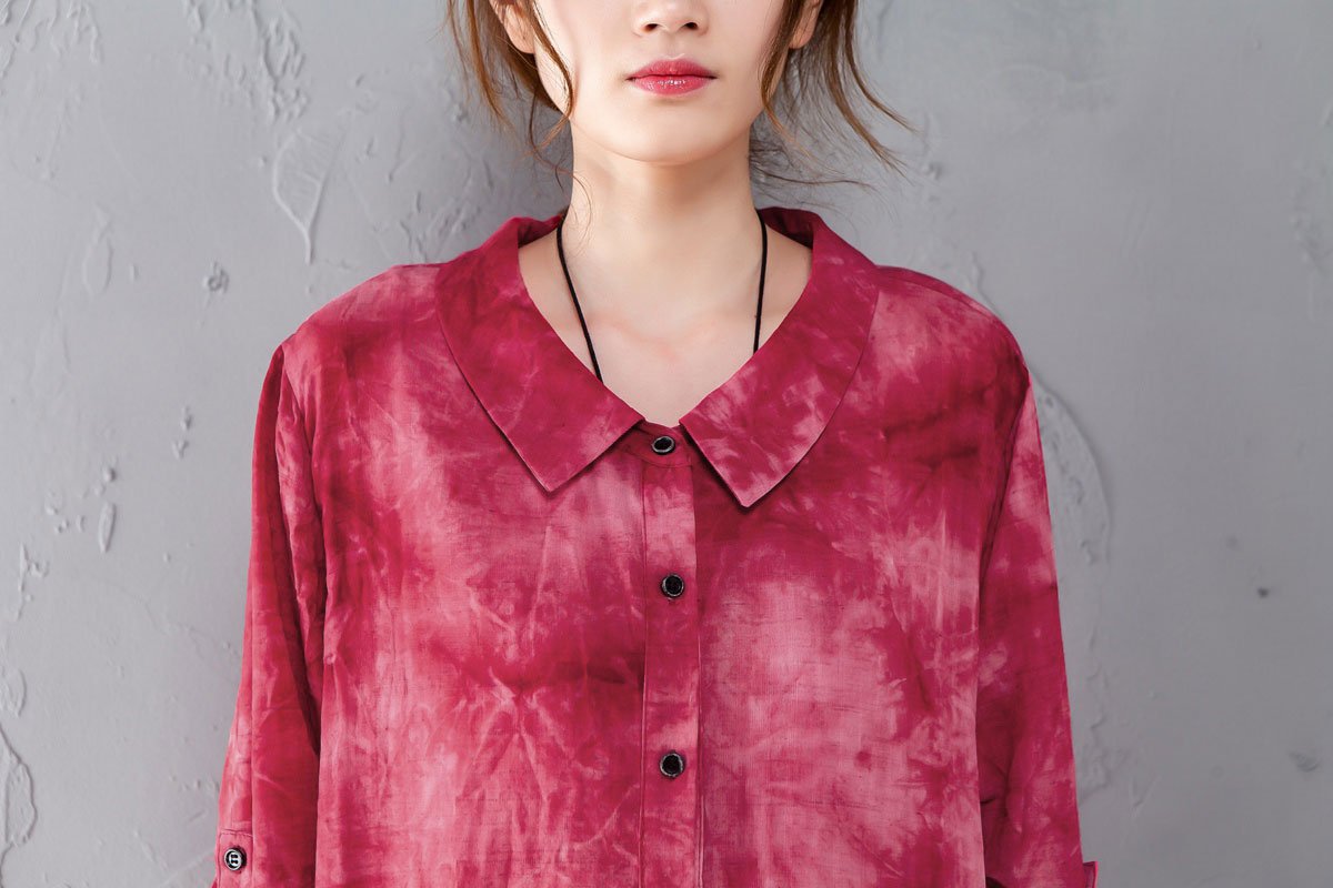 Single Breasted Long Sleeve Red Printed Shirt Dress