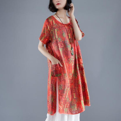 Short Sleeve Slit Summer Casual Printed Dress