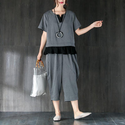 Gray Two Pieces Set Stripe Splicing Blouse Lantern Pants