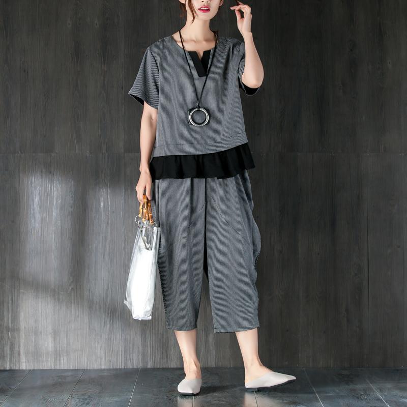 Gray Two Pieces Set Stripe Splicing Blouse Lantern Pants