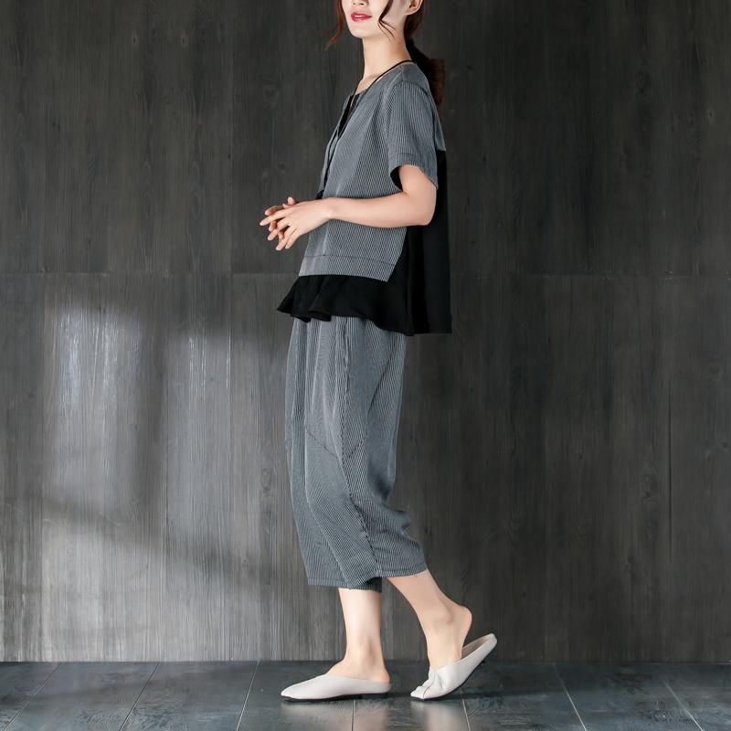 Gray Two Pieces Set Stripe Splicing Blouse Lantern Pants