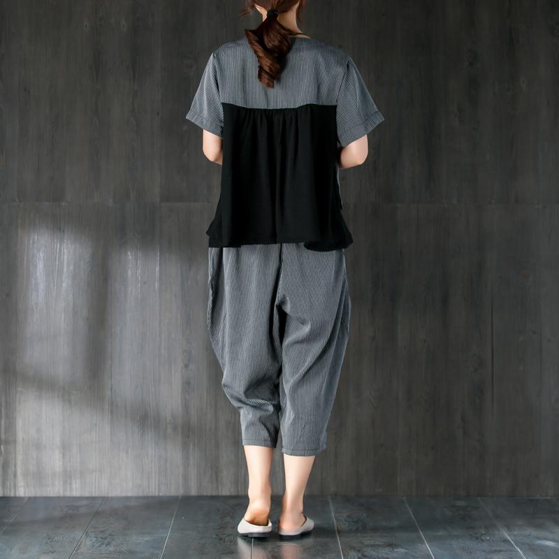 Gray Two Pieces Set Stripe Splicing Blouse Lantern Pants