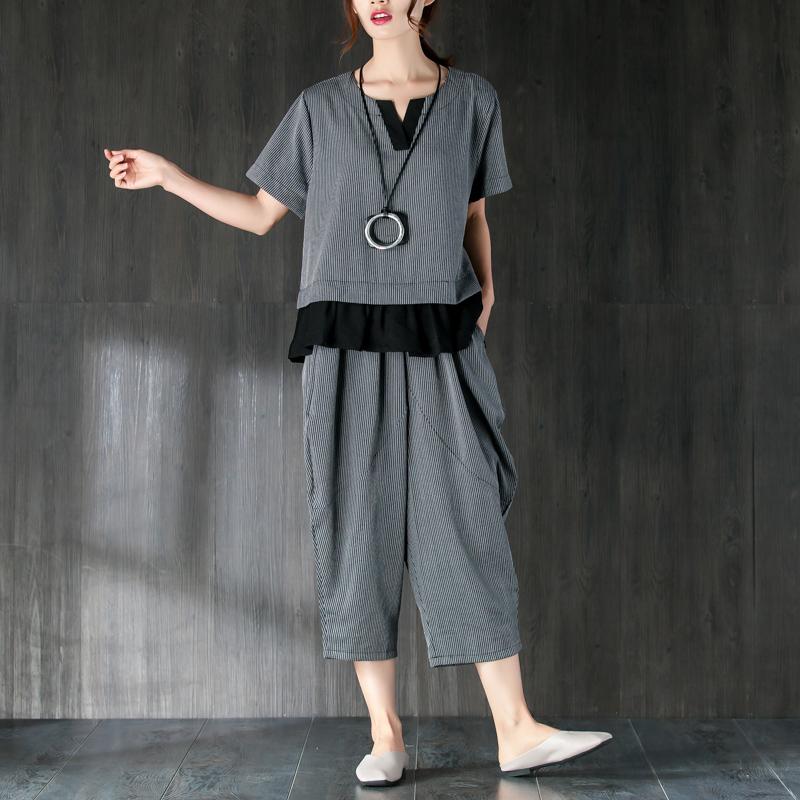 Gray Two Pieces Set Stripe Splicing Blouse Lantern Pants
