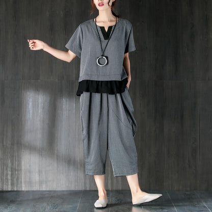 Gray Two Pieces Set Stripe Splicing Blouse Lantern Pants