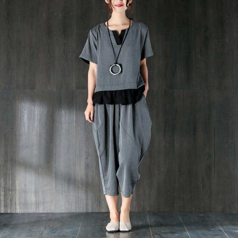 Gray Two Pieces Set Stripe Splicing Blouse Lantern Pants