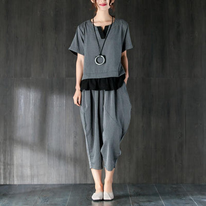 Gray Two Pieces Set Stripe Splicing Blouse Lantern Pants